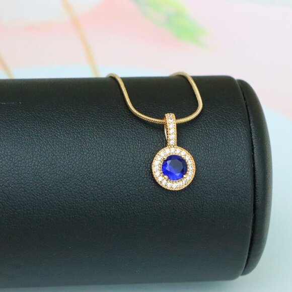 "Gold Plated Blue Round Pendant with Crystal Halo for Women, XPPT1739 - Picture 4 of 13